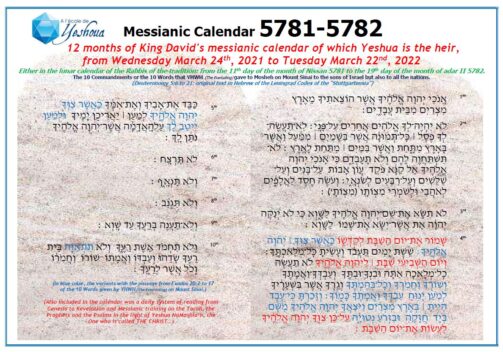 King David's Messianic Calendar of which Yeshua is the heir 2021-2022